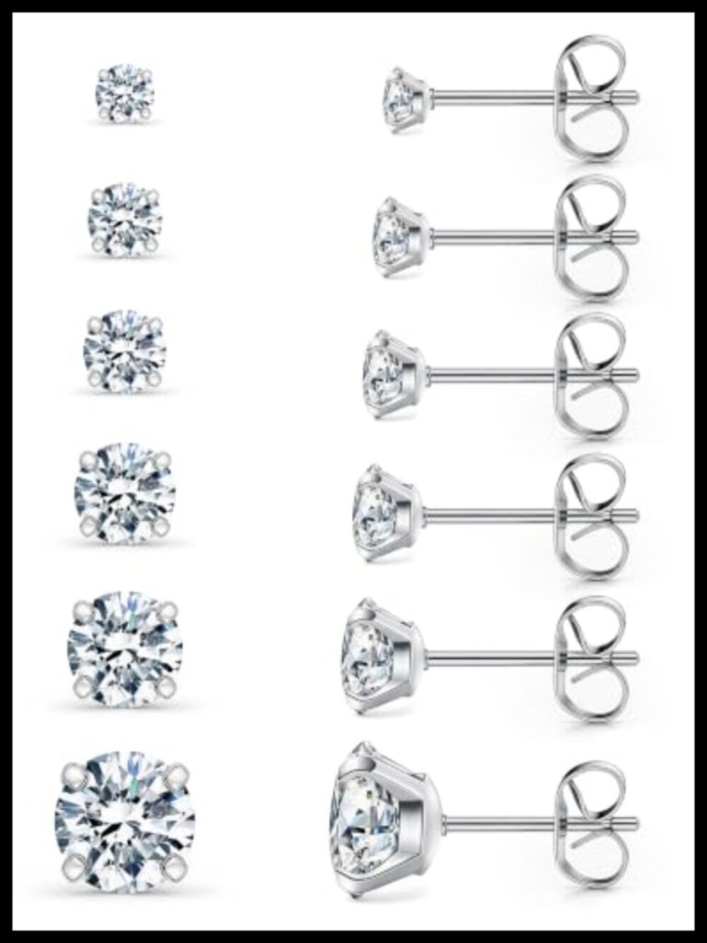 6 Pairs Stud Earrings Set Hypoallergenic 316L Stainless Steel Cubic Zirconia